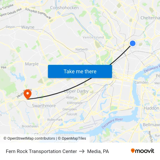 Fern Rock Transportation Center to Media, PA map