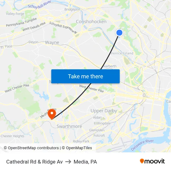 Cathedral Rd & Ridge Av to Media, PA map