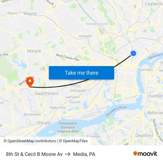 8th St & Cecil B Moore Av to Media, PA map