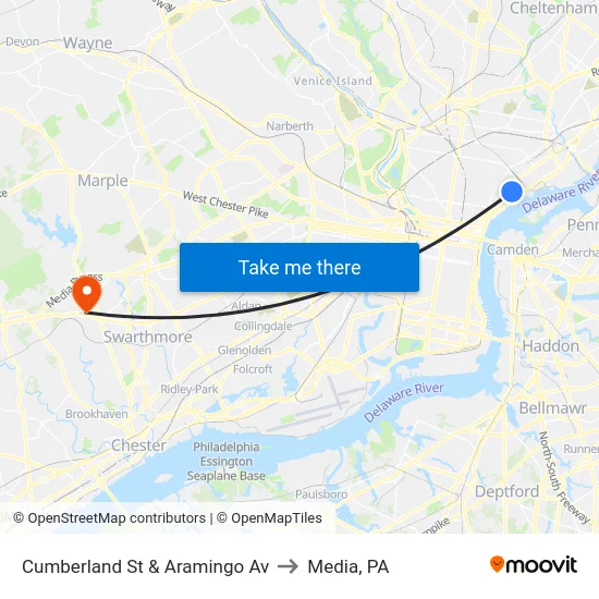 Cumberland St & Aramingo Av to Media, PA map