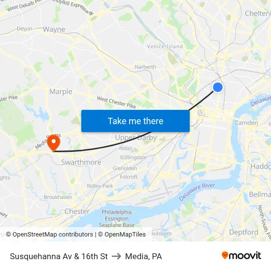 Susquehanna Av & 16th St to Media, PA map