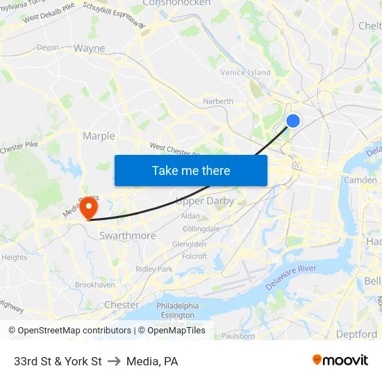 33rd St & York St to Media, PA map