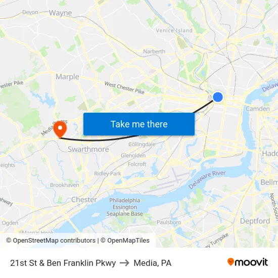 21st St & Ben Franklin Pkwy to Media, PA map