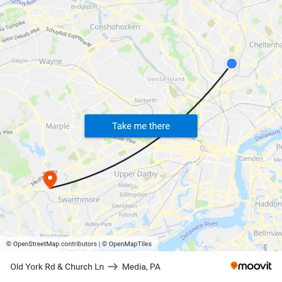 Old York Rd & Church Ln to Media, PA map