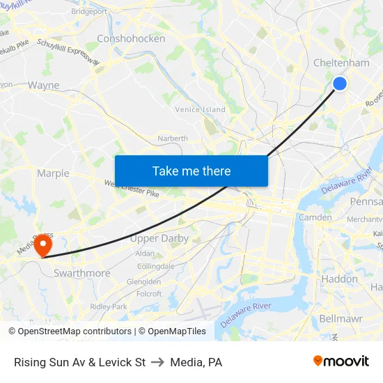Rising Sun Av & Levick St to Media, PA map