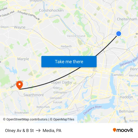Olney Av & B St to Media, PA map