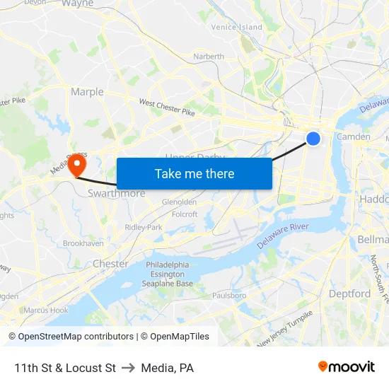 11th St & Locust St to Media, PA map