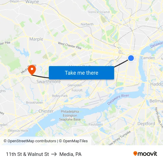 11th St & Walnut St to Media, PA map