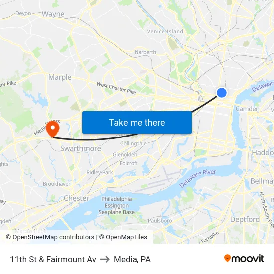 11th St & Fairmount Av to Media, PA map