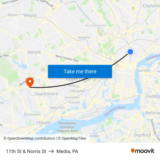 11th St & Norris St to Media, PA map