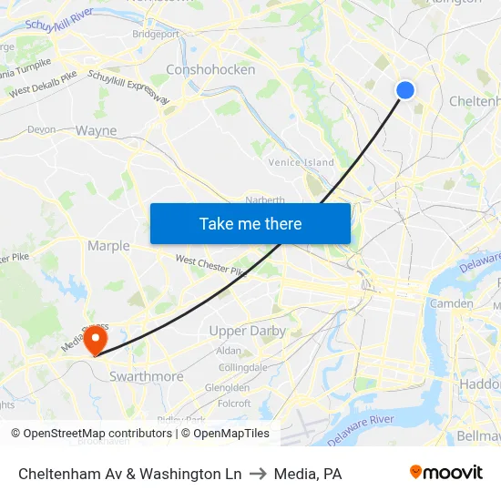 Cheltenham Av & Washington Ln to Media, PA map