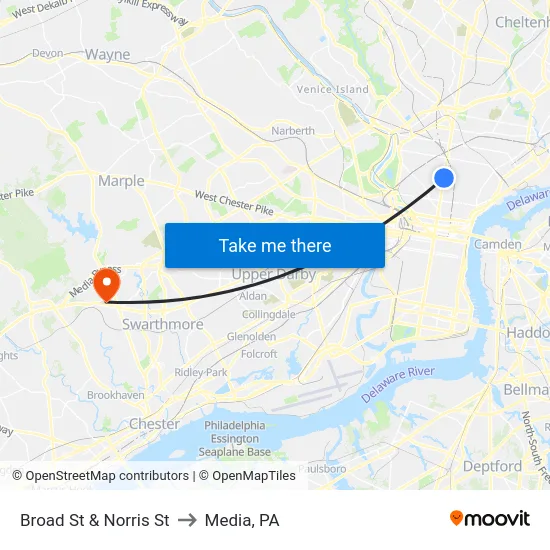 Broad St & Norris St to Media, PA map