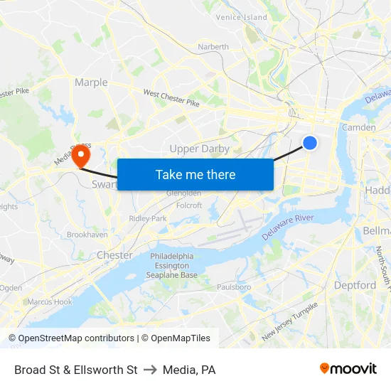 Broad St & Ellsworth St to Media, PA map