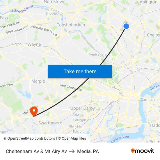 Cheltenham Av & Mt Airy Av to Media, PA map