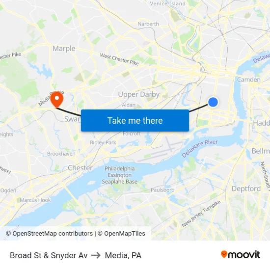 Broad St & Snyder Av to Media, PA map