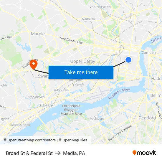Broad St & Federal St to Media, PA map