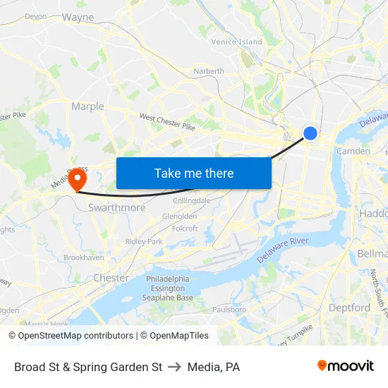 Broad St & Spring Garden St to Media, PA map