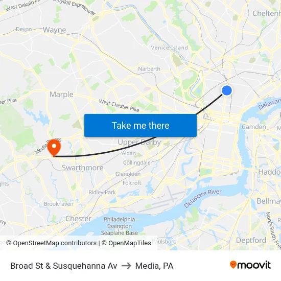 Broad St & Susquehanna Av to Media, PA map