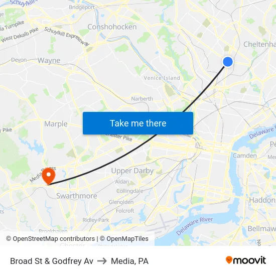 Broad St & Godfrey Av to Media, PA map