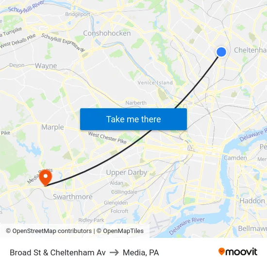 Broad St & Cheltenham Av to Media, PA map