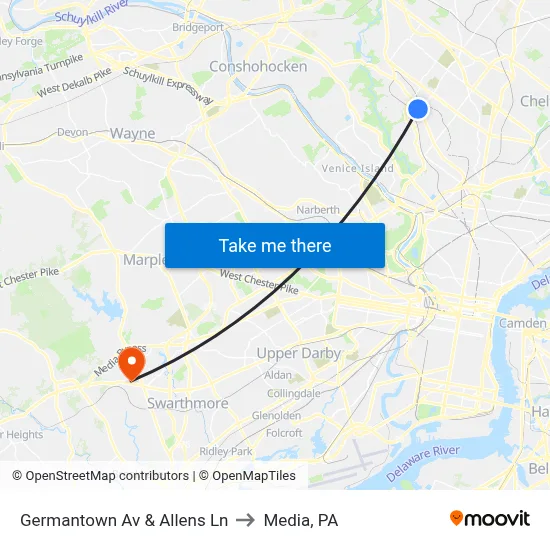 Germantown Av & Allens Ln to Media, PA map