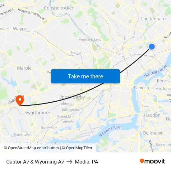 Castor Av & Wyoming Av to Media, PA map
