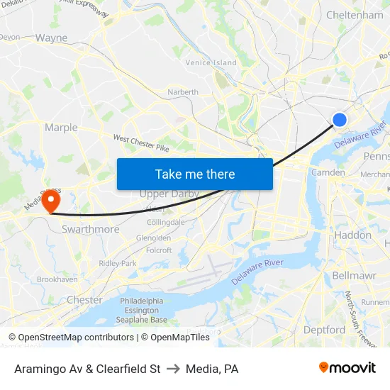Aramingo Av & Clearfield St to Media, PA map