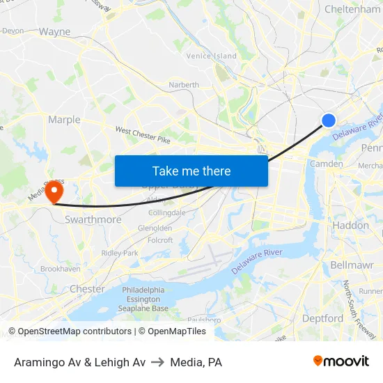 Aramingo Av & Lehigh Av to Media, PA map