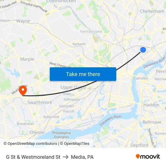 G St & Westmoreland St to Media, PA map