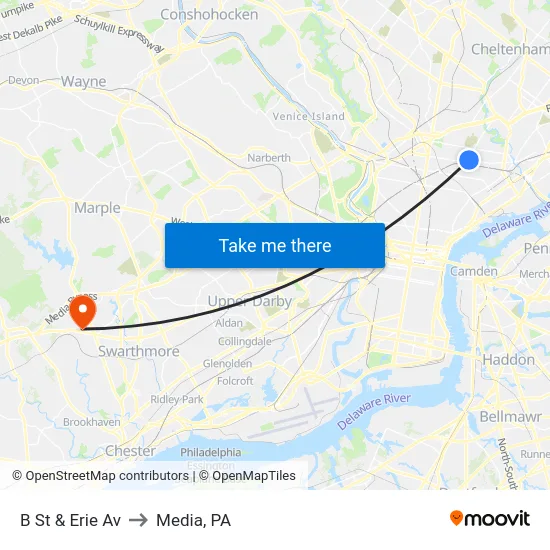 B St & Erie Av to Media, PA map
