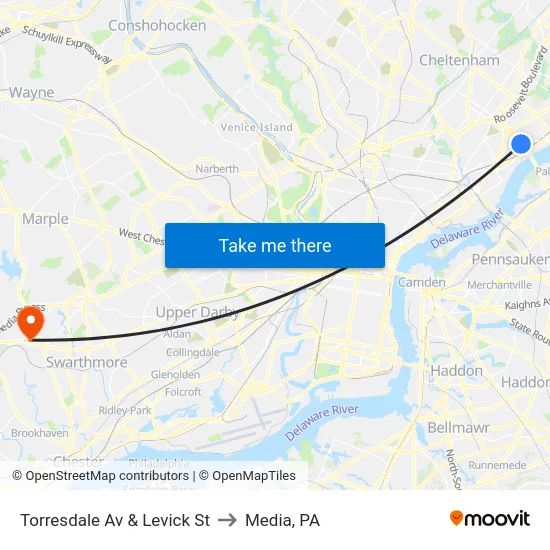 Torresdale Av & Levick St to Media, PA map