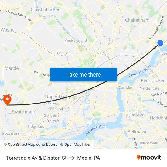 Torresdale Av & Disston St to Media, PA map