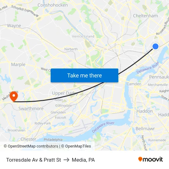 Torresdale Av & Pratt St to Media, PA map