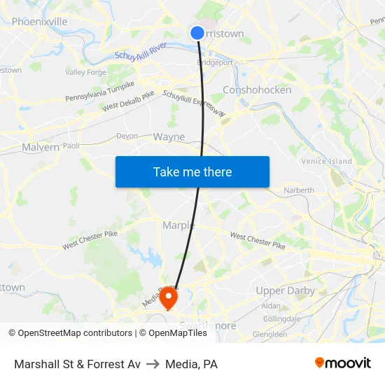 Marshall St & Forrest Av to Media, PA map
