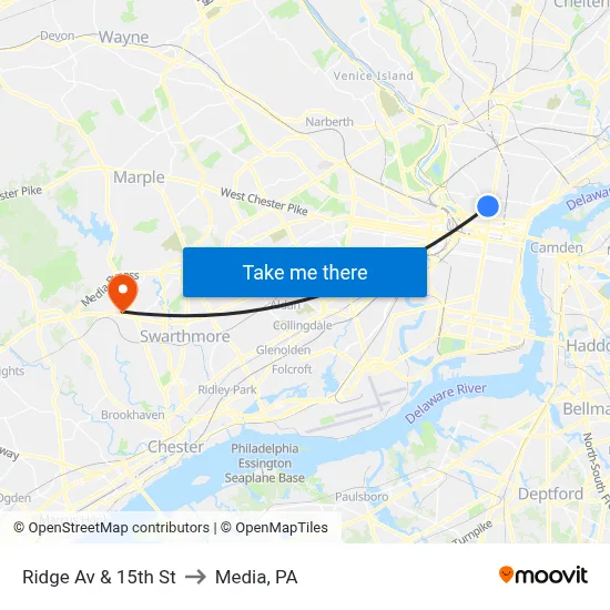 Ridge Av & 15th St to Media, PA map