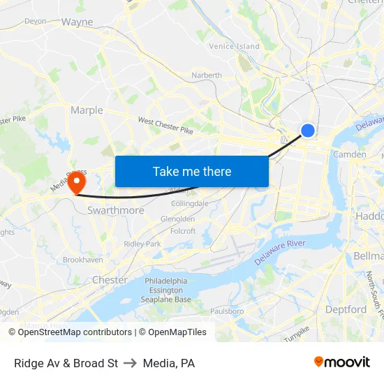 Ridge Av & Broad St to Media, PA map
