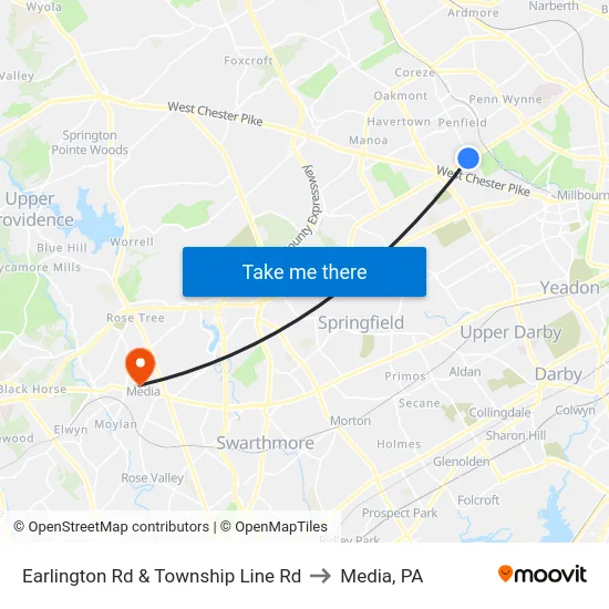 Earlington Rd & Township Line Rd to Media, PA map