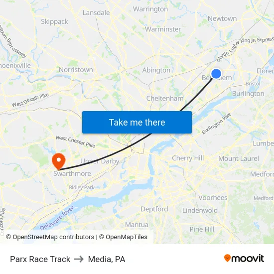 Parx Race Track to Media, PA map