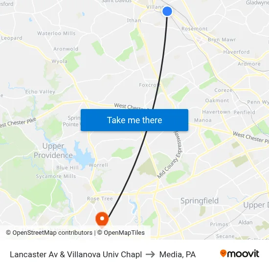 Lancaster Av & Villanova Univ Chapl to Media, PA map