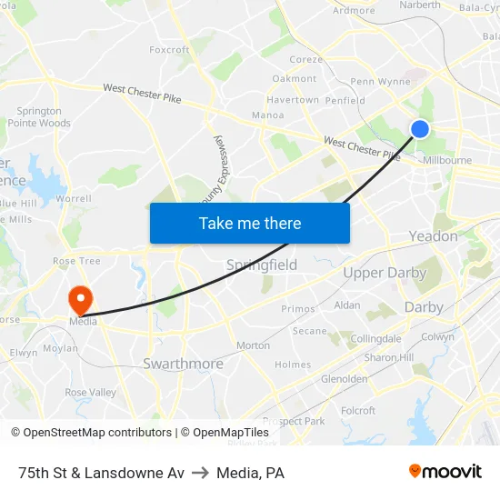 75th St & Lansdowne Av to Media, PA map