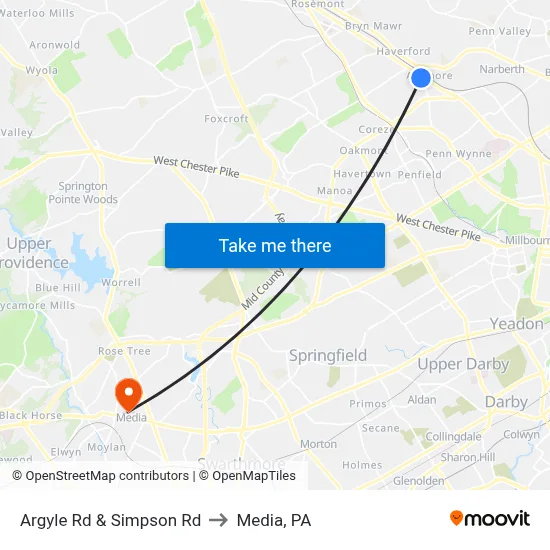 Argyle Rd & Simpson Rd to Media, PA map