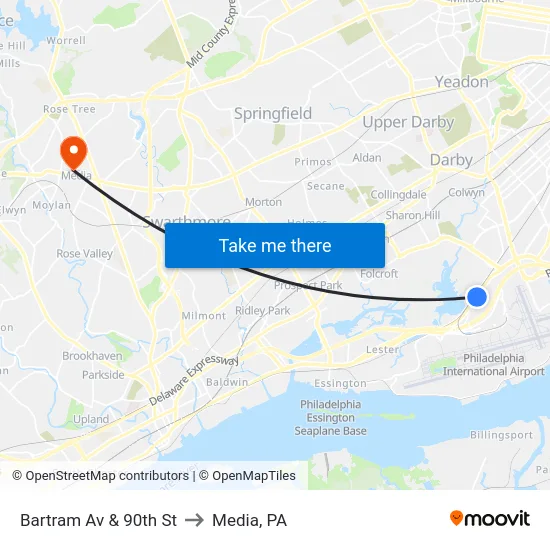 Bartram Av & 90th St to Media, PA map
