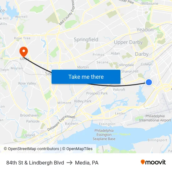 84th St & Lindbergh Blvd to Media, PA map