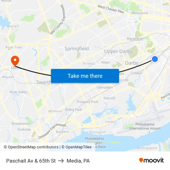Paschall Av & 65th St to Media, PA map