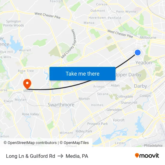 Long Ln & Guilford Rd to Media, PA map