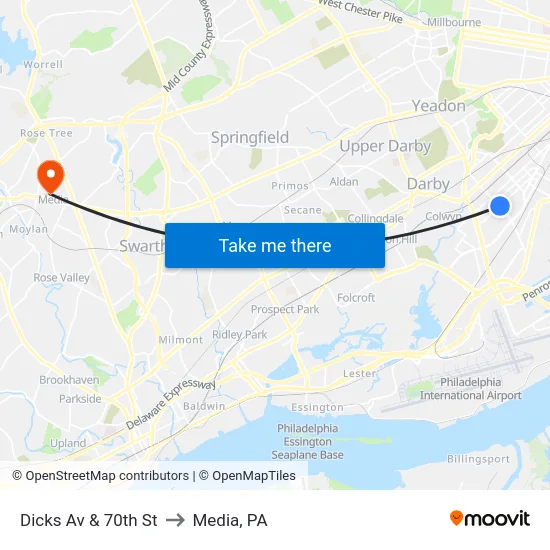 Dicks Av & 70th St to Media, PA map
