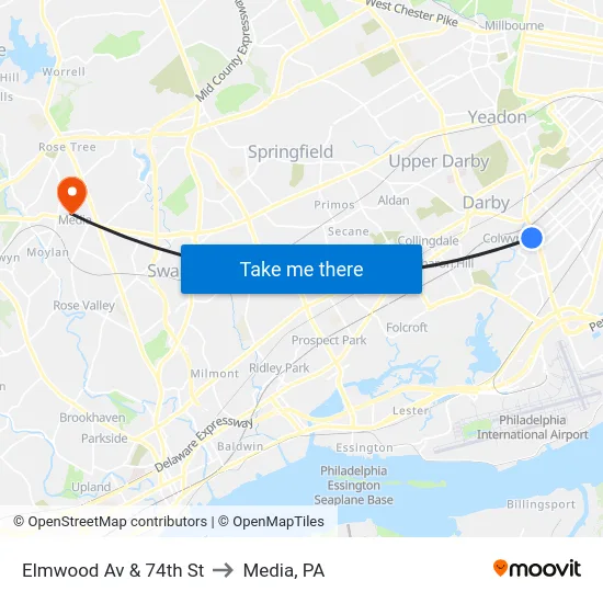 Elmwood Av & 74th St to Media, PA map