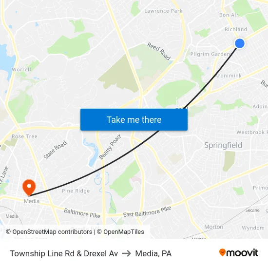 Township Line Rd & Drexel Av to Media, PA map