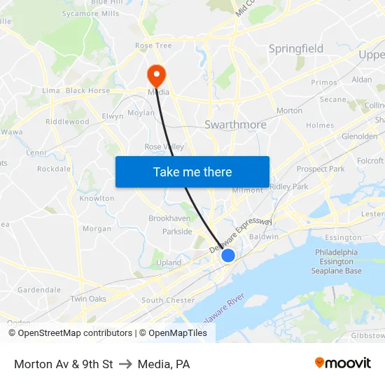 Morton Av & 9th St to Media, PA map