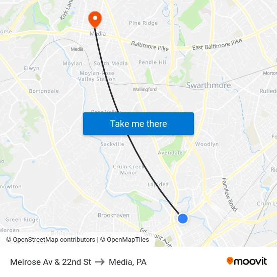 Melrose Av & 22nd St to Media, PA map